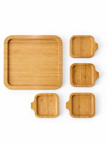 Generic Wooden Serving Tray with Four Separate Dishes for Snacks .bs