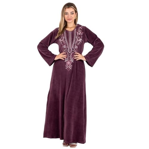Zecotex Velvet Cotton Winter Abaya Nightgown for Women | Long Cotton Velvet Home Dress with Royal Embroidery on Chest | Soft, Warm, and Comfortable Loungewear for Women Nightgown nightshirt