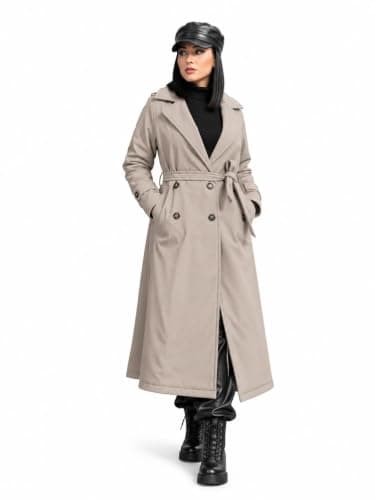 Women's Trench Coat Quilted Fur Water Proof Beige Sand | Warm fur lining, waterproof, long cut, scoop collar, double button