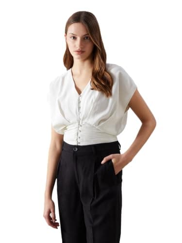 LC WAIKIKI Woman V-Neck Plain Ruched Women's Blouse Shirt