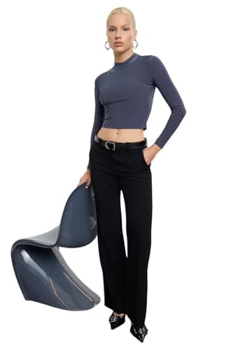 Trendyol Womens Flexible Dark Gray Knitted Crop Blouse - Stand Collar and Drawstring Detail, Fitted Twoaw23El01391 Blouse (pack of 1) Shirt