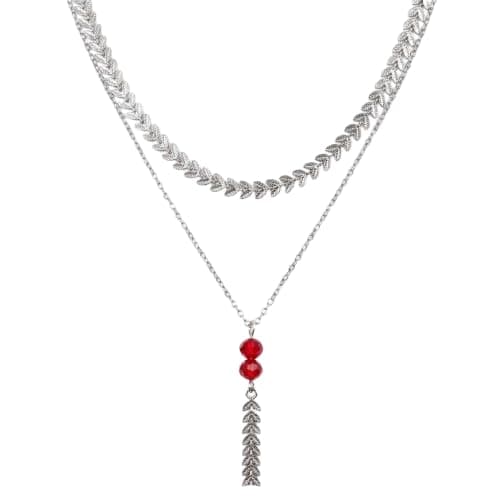 Silver Tone Layered Necklace With Red Beads, Leaf Design, Dainty Layered Necklace-Mg_cg10016