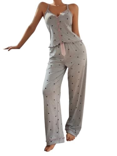 NF22-743 Cotton Grey Heart Pattern Suspenders and Pants Sleepwear Pajama | Pink Grey Color, Ruffled Edges, Decorative Buttons, Sleep & Comfort, Wide Leg Pants