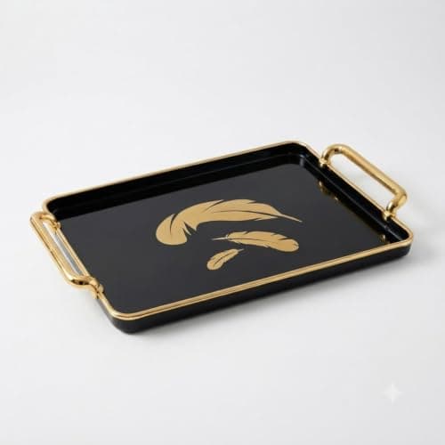 Acrylic Square Serving Tray with Elegant Feather Design with Gold Handles for Serving Drinks, Desserts, Hospitality and Luxurious Touch for Home Decor 20x20cm