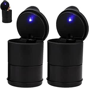 Cup Shape Ashtray for Office Car Portable Cigarette Holder with LED Light and Lid Smell Proof Smokeless Portable Ashtray with Lid - Black (2 pieces) sa car