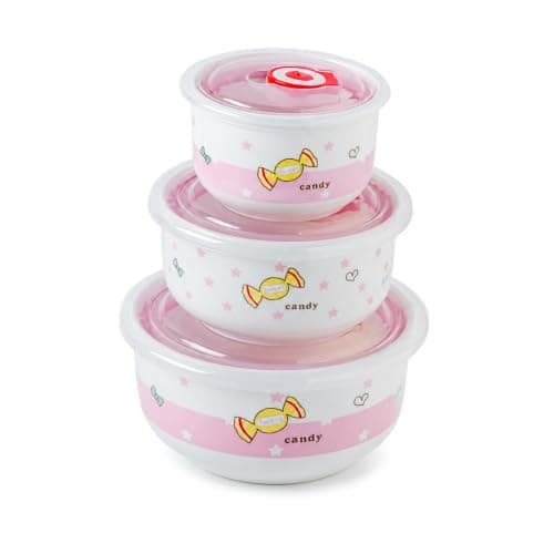 Porcelain Storage Container Set 3 Pieces With Vacuum Lid 400/500/600 Ml | Microwave and dishwasher, air suction seal 3 different sizes, for refrigerator and storage, Pink candy design