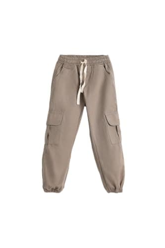 Junior Boys Baggy Gabardine Cargo Pants – Wide Leg Casual Trousers with Elastic Waist, Drawstring Hem & Utility Side Pockets for Kids, ESPRESSO BROWN, 06