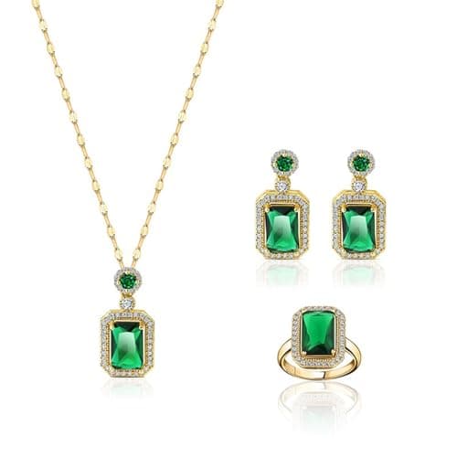 Julia Store Princess Style Rhinestone Zircon Simulated Green Emerald Pendant Earrings Ring Necklace for Women Square Cubic Zirconia Aesthetic 18K Gold Plated Stainless Steel Jewelry Set of 3