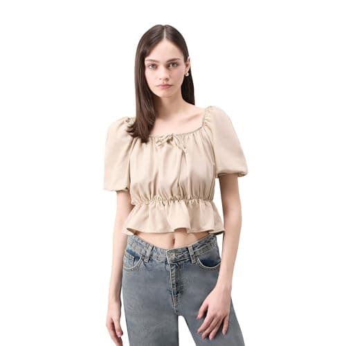 DeFacto Woman Regular Fit Scope Neck 3/4 Sleeve Young Woven Top Long Sleeve Blouse E7119AX,Beige L