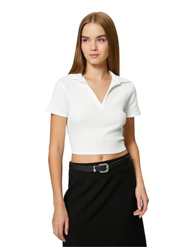 KOTON Women's Polo Neck Crop Short Sleeve Ribbed Tshirt (pack of 1)