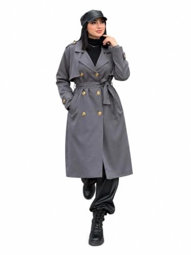 Women's Gold Button Trench Coat - Charcoal Grey | Double Buttons, Waistband