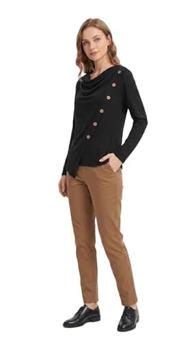 Pebeo Women's Long Sleeve Blouse, Black, Drop Collar, Wooden Buttons, Asymmetric Design Shirt