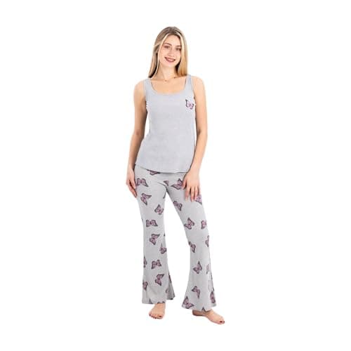 ZECOTEX Women's Pajama Set | Sleeveless Ribbed Tank Top with Butterfly Print Pants | Soft Cotton Loungewear | Grey, S to XL