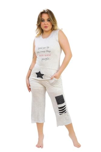Pentacor Womens Summer Pajama Set - Women's Bermuda Plain Embroidered Pajama Set