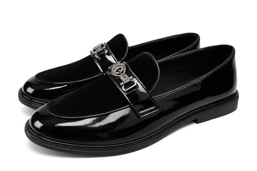 Romba Men's Fashion Loafers, Patent Leather with Suede and Distinctive Metal Buckle, Formal Wear - Classic Men's Youth Boots Accessory