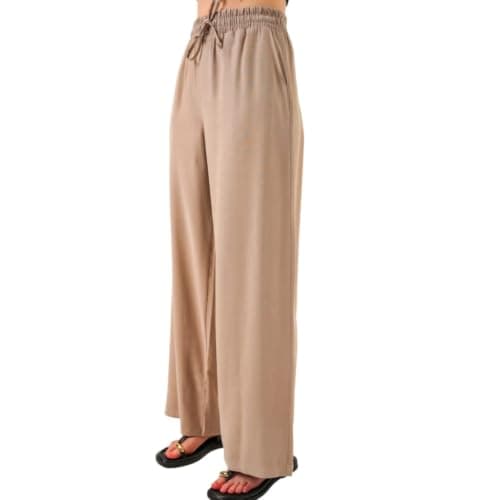 Women's Wide Leg Trousers, Beige, Elastic Drawstring Waist-PNT-026 Pants