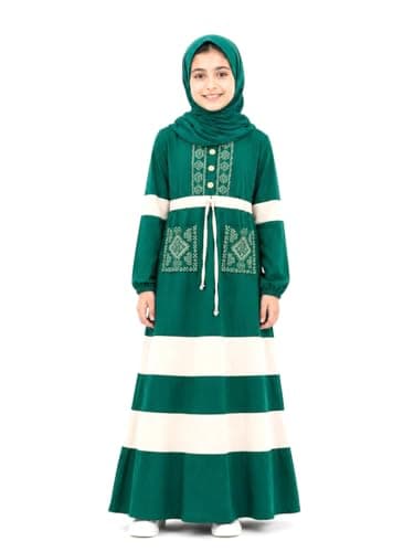 Girls Maxi Isdal With Cream Striped, Embroidered, Long Sleeve, Drawstring Waist - Green Dress