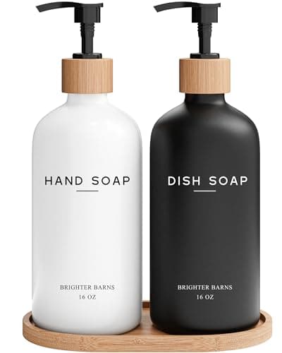 Brighter Barns Luxury Glass Hand and Dish Soap Dispenser Set - Kitchen Soap Dispenser Set with Tray - Bamboo Soap Dispenser for Kitchen Sink - Boho Kitchen Decor, Modern Decor (Black/White) Pump dispenser