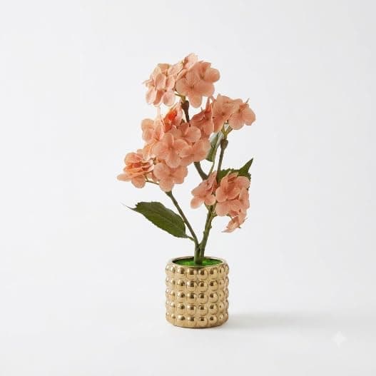 Elegant Artificial Rose with Rose Flowers and Green Leaves Inside Gilded Ceramic Vase with Green Base, Modern Design Adds Luxurious Warmth and Beauty to Home Office Reception Decor.
