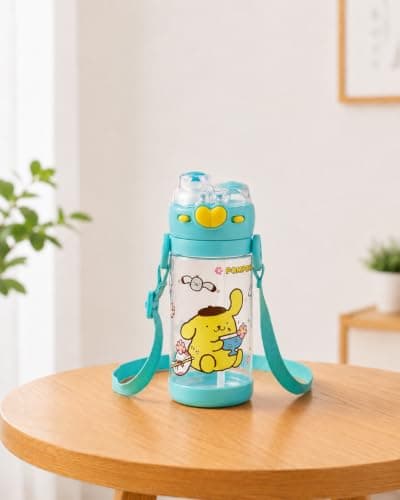 Water Bottle 450 ml with Straw, Leakproof Plastic Drinking Bottle with Flip Lid and Carry Strap, Portable Reusable Cup for School, Work, Travel and Daily Use, F-1343, Green