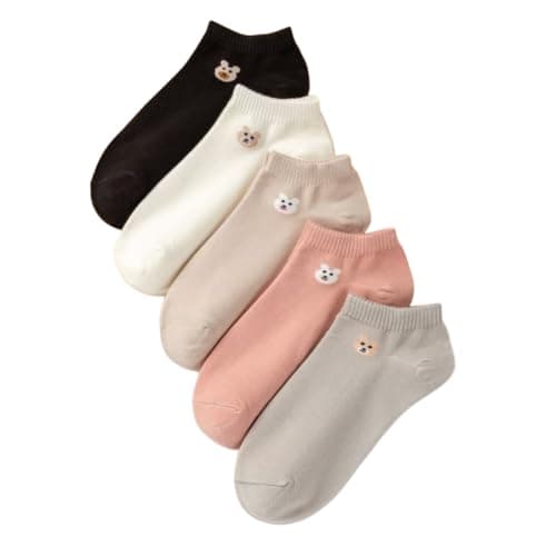 Women's Ankle Socks with Bear Embroidery, 3 Pairs | Low Cut Style, Multicolour Set, Casual Everyday Wear, Soft Cotton Blend, Animal Motif Detail