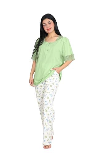 Women's Green Pink Pajamas Polyester Cotton Short Sleeve Shirt with Lace Dragonfly Print Pants