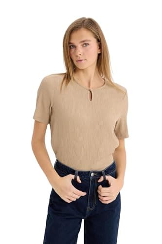 DeFacto Womens Regular Fit Bike Neck Short Sleeve Traditional Knitted Short Sleeve T-Shirt D8659AX Short Sleeve T-Shirt