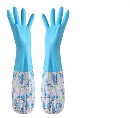 Generic Long Rubber Cleaning Gloves with Floral Sleeve, Blue, Heat-Resistant, for Dishwashing and Household Use, .rom