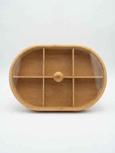 6-Compartment Oval Wooden Snack Serving Organiser with Clear Lid. | Elegant 6-Section Treat Holder for Nuts, Sweets, Dates and Appetizers