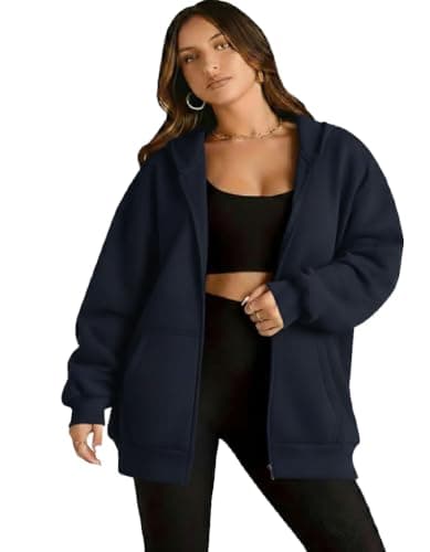 Women's Oversized Zip-Up Hoodie, Navy Blue, Fleece, Long Sleeve, Casual Style with Pockets Sweatshirt