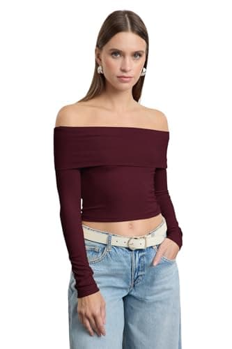 Trendyol Womens Burgundy Carmen Collar Fitted/Slim Fit Crop Stretchy Knitted Blouse Twoaw25Bz00008 Blouse Shirt