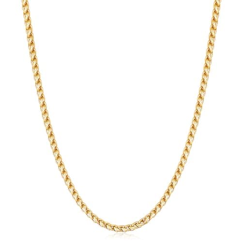 Fiusem Gold Plated Wheat Chain Necklace for Men, 2/2.5/3/4/5mm Gold Stainless Steel Necklace Chains for Men and Women 16-28 Inch, Jewelry Gift