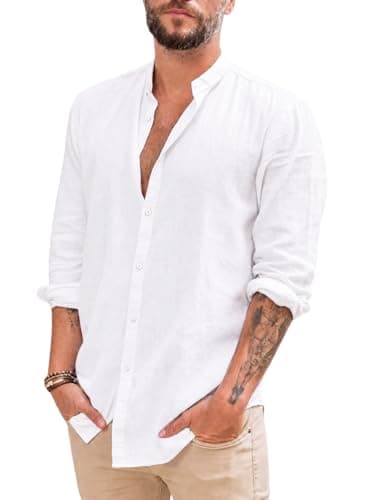 Makkrom Mens Long Sleeve Shirts Linen Button Down Beach Yoga Casual Summer Shirts