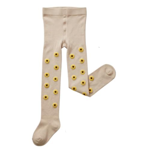 Girls Tights with Sunflower Pattern, Beige Knit Stockings (6years) | Floral Design, Full Length, Elastic Waistband, Kids Legwear, Soft Knit Fabric