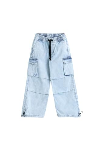 Junior Boys Baggy Gabardine Cargo Pants – Wide Leg Casual Trousers with Elastic Waist, Drawstring Hem & Utility Side Pockets for Kids, ICE, 10