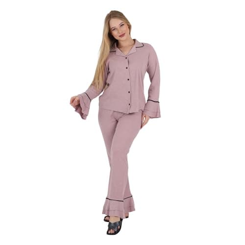 ZECOTEX Women's Classic Cotton Pajama Set | Button Front Long Sleeve Sleepwear with Ruffle Cuffs, Soft Breathable Comfortable Homewear | Sizes M–3XL | Made in Egypt
