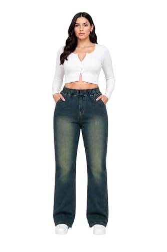 Wide Leg Women's Special Sizes Elastic Waist Blue Denim Loose Fit Cotton Full Length Casual Jeans Pants