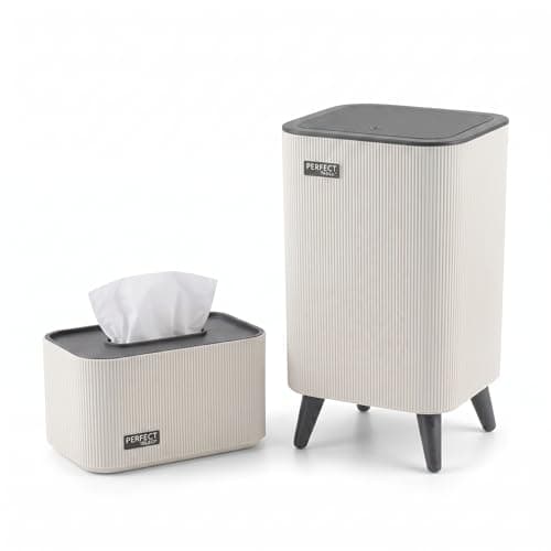 Lamsa Plast Modern Decorative Organizer and Accessories Set of 2 Pieces - Striped Tissue Box, Trash Can with Wooden Legs and Movable Lid, for Office, Bathroom, Bedroom - Beige (White in Grey)