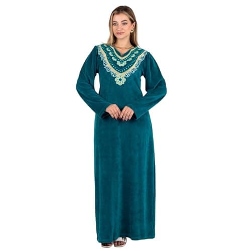 Zecotex Velvet Cotton Winter Abaya Nightgown for Women | Long Teal Velvet Home Dress with Golden Embroidery | Soft, Elegant, and Warm Loungewear for Women Nightgown nightshirt