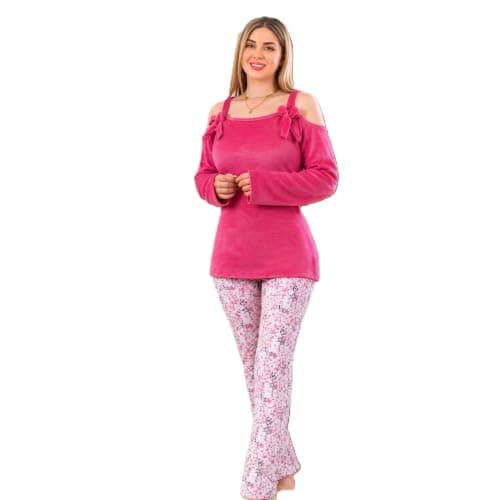 Project Z Women Pajama 3185 - Long Sleeve Bow Shoulder Slits & Long Pants Printed - Multi Color - Large to 2XL
