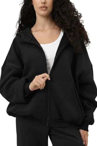 Women's Oversized Full-Zip Hoodie, Black, Fleece Lined, Casual Style with Kangaroo Pockets Sweatshirt