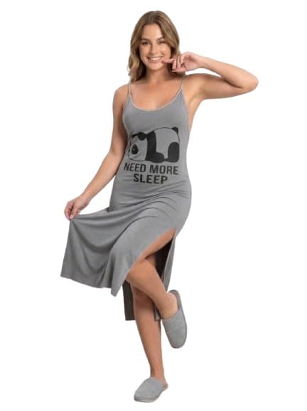 LounaFashion, Women's Panda Print Sleeveless Maxi Night Dress, Grey | Need More Sleep Graphic, Spaghetti Straps, Side Slit, Loungewear, Scoop Neck