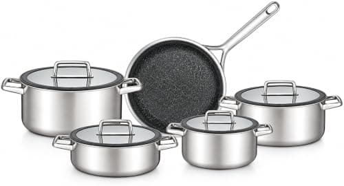 ARSHIA 3543 9-Piece Stainless Steel Cookware Set with Teflon Nonstick Interior, Tempered Glass Lids, Durable Construction, Even Heat Distribution and Ergonomic Handles