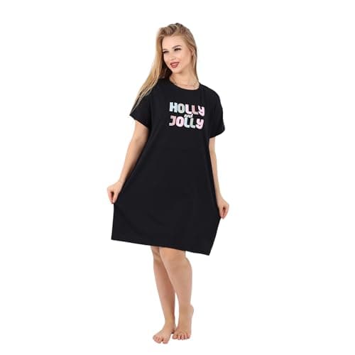 Women’s Cotton Nightdress | Soft Short Sleeve Sleep Shirt with “Holly & Jolly” Print | Loose Fit Homewear for Comfort & Style Nightgown nightshirt