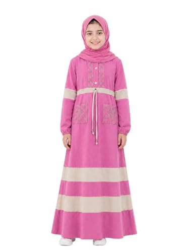 Girls' Abaya Maxi Isdal, with Beige Stripes, Embroidered Detail, Drawstring Waist, Long Sleeve - Pink Dress