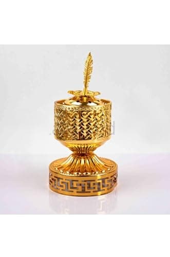 Generic Gold Metal Oud Incense Burner, Handmade with Feather Lid, Decorative Arabic Style Bakhoor Holder