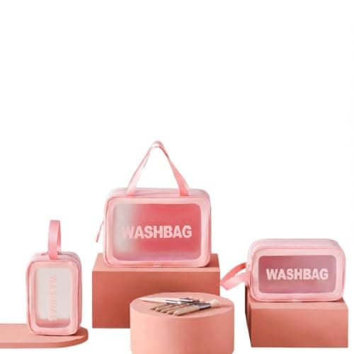 3-Piece Transparent Waterproof Travel Makeup Bag Set with Leather Trim