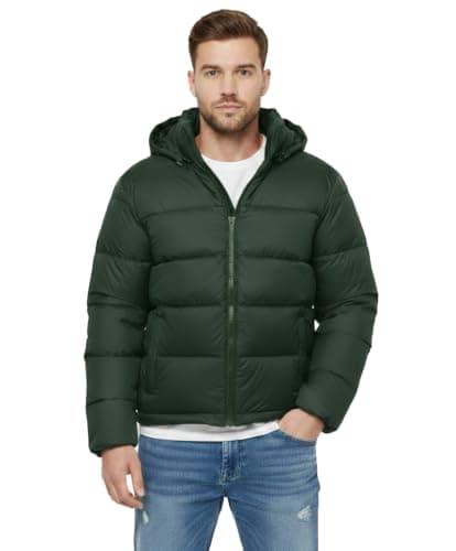 Men's Hooded Puffer Jacket, Dark Green, Quilted Winter Coat with Zip Closure