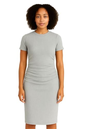 Ajyal Women Casual Ribbed Bodycon Midi Dress, Short Sleeve, Crew Neck