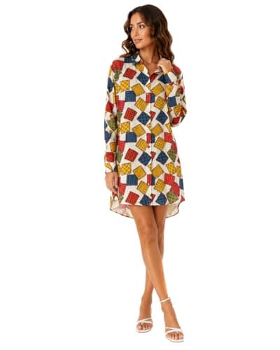 Colorful Long Chemise, Multicolor, Geometric Print, Button-Down, Collared, Relaxed Fit, Beach Cover-Up Dress